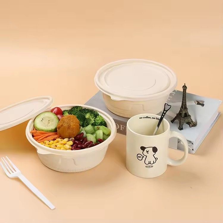 Disposable biodegradable round fast food packaging lunch bowl take away cornstarch salad disposa