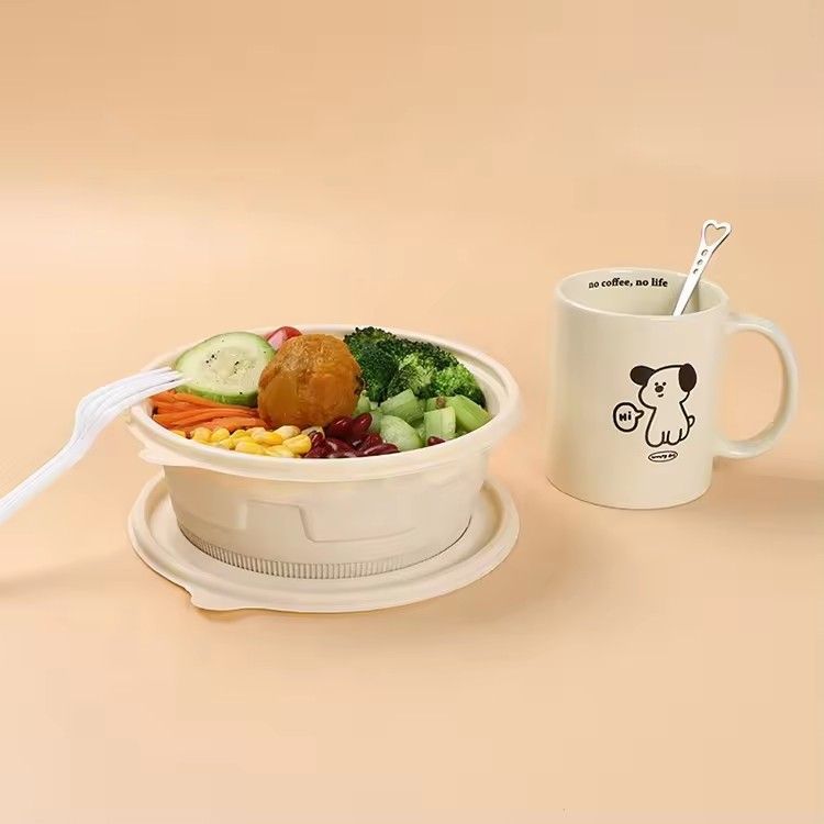 Disposable biodegradable round fast food packaging lunch bowl take away cornstarch salad disposa