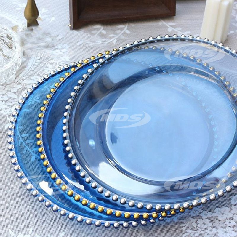 Wholesale heavyweight acrylic charger plates 13inch gold silver beaded clear plastic charger plate for wedding