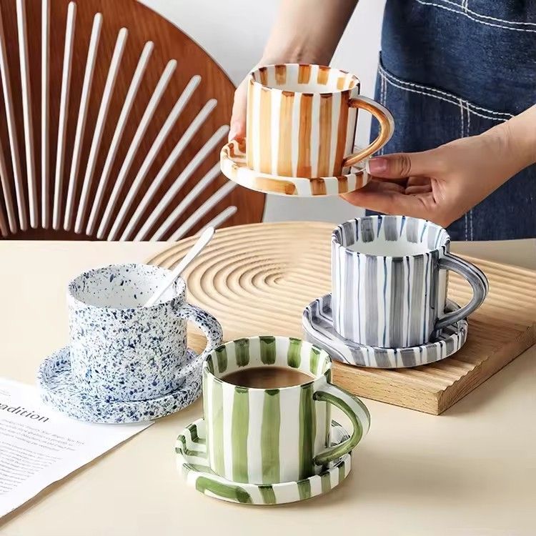 Creative striped hand-painted expresso porcelain coffee cup with saucer home ceramic mug and saucer