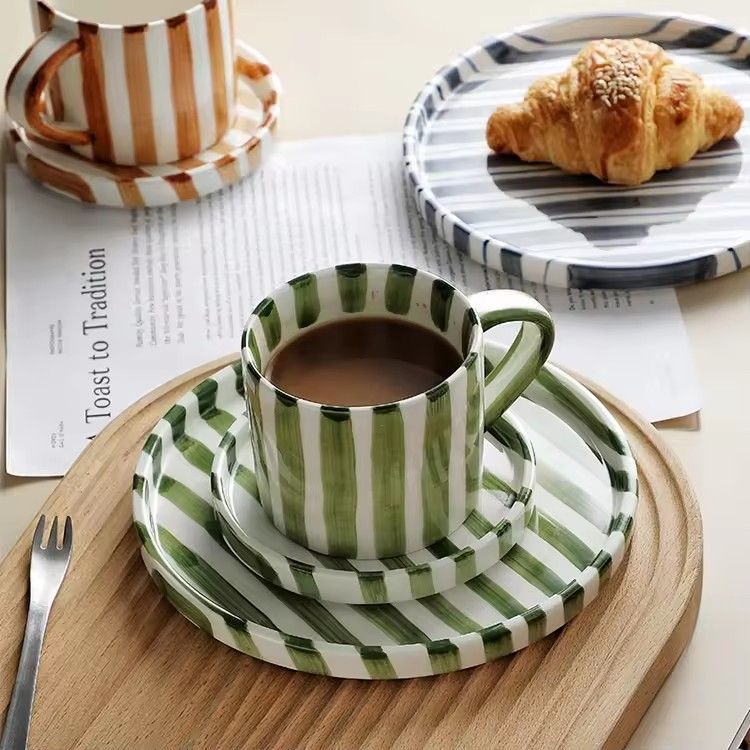 Creative striped hand-painted expresso porcelain coffee cup with saucer home ceramic mug and saucer