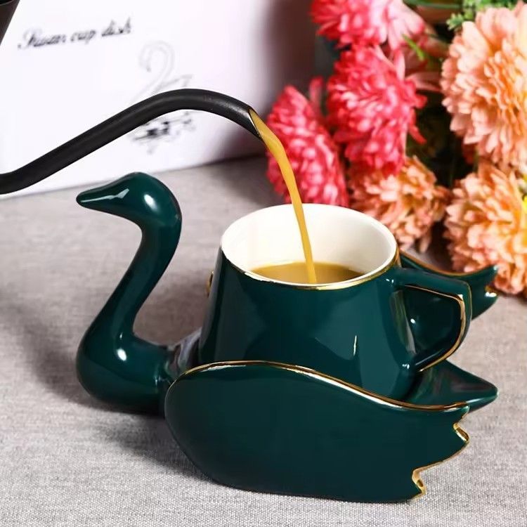 Creative swan ceramic tea cup and saucer green white black coffee cup with saucer set