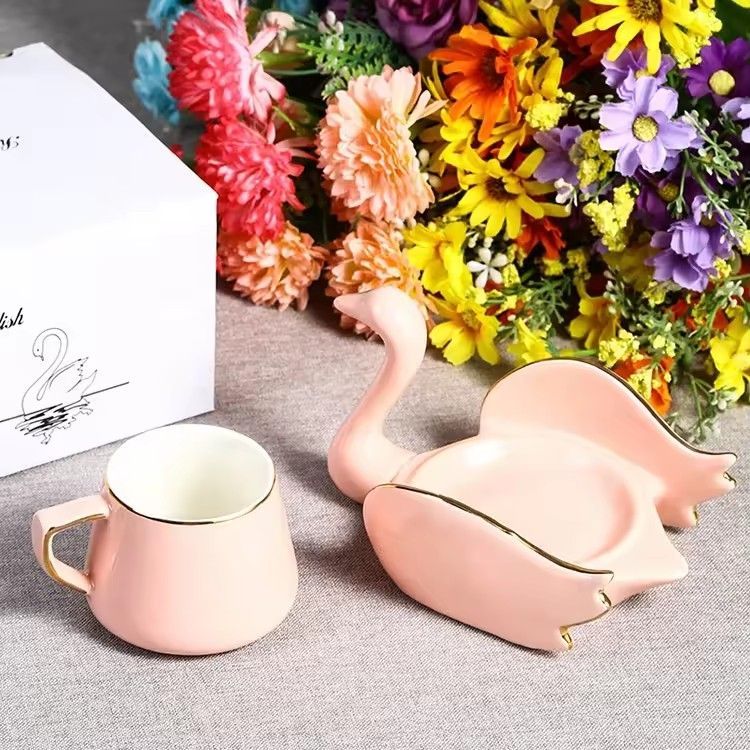 Creative swan ceramic tea cup and saucer green white black coffee cup with saucer set