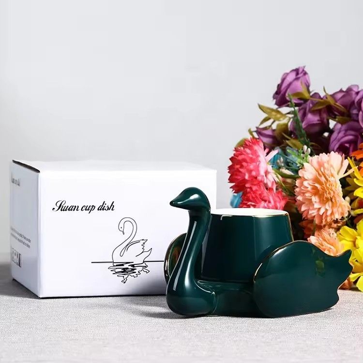 Creative swan ceramic tea cup and saucer green white black coffee cup with saucer set