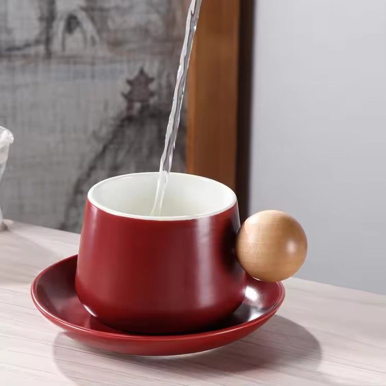 Minimalist handmade ceramic cup & saucer sets with wooden ball handle tea coffee cups and