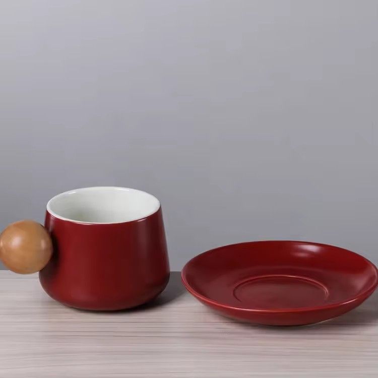 Minimalist handmade ceramic cup & saucer sets with wooden ball handle tea coffee cups and