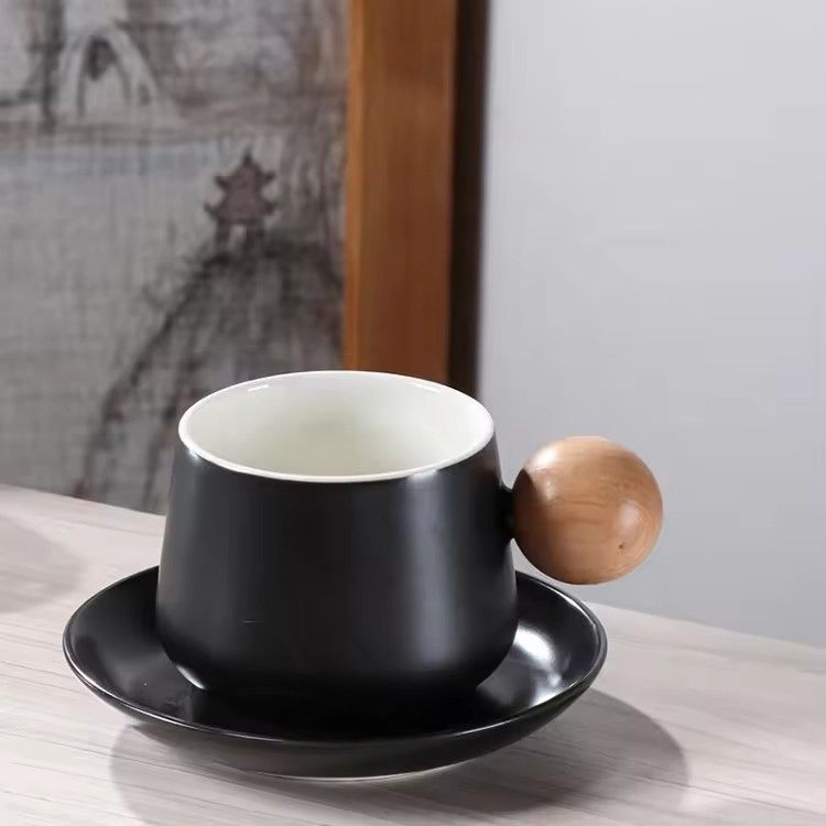 Minimalist handmade ceramic cup & saucer sets with wooden ball handle tea coffee cups and