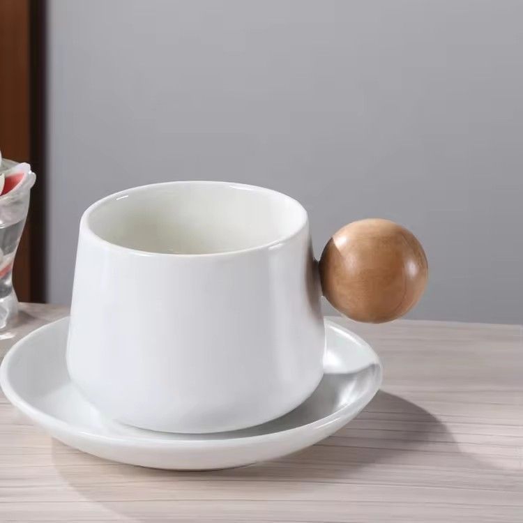 Minimalist handmade ceramic cup & saucer sets with wooden ball handle tea coffee cups and