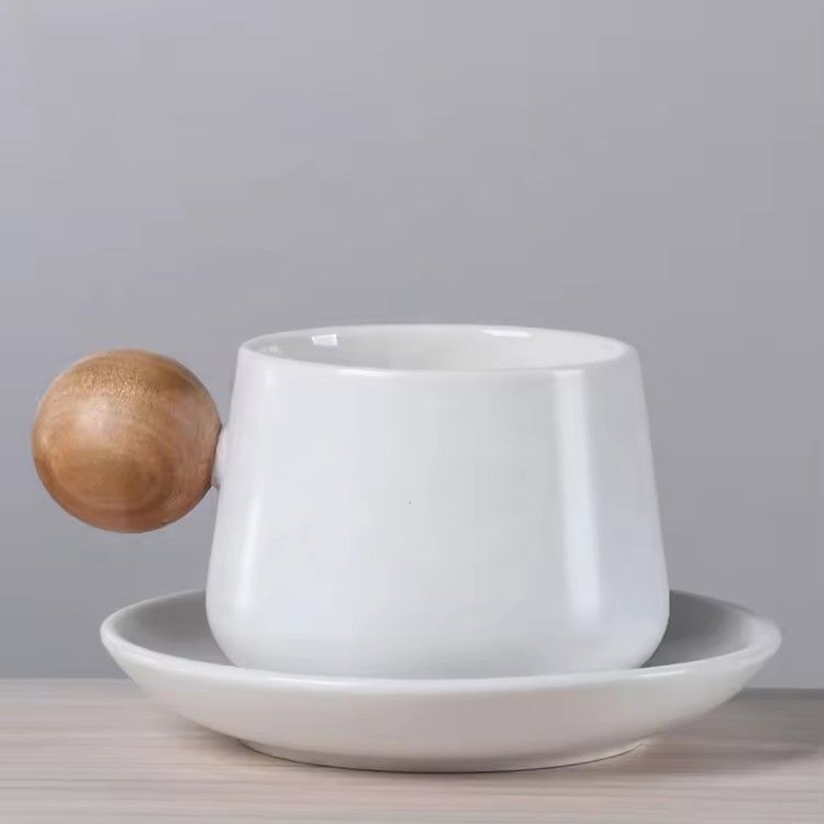 Minimalist handmade ceramic cup & saucer sets with wooden ball handle tea coffee cups and