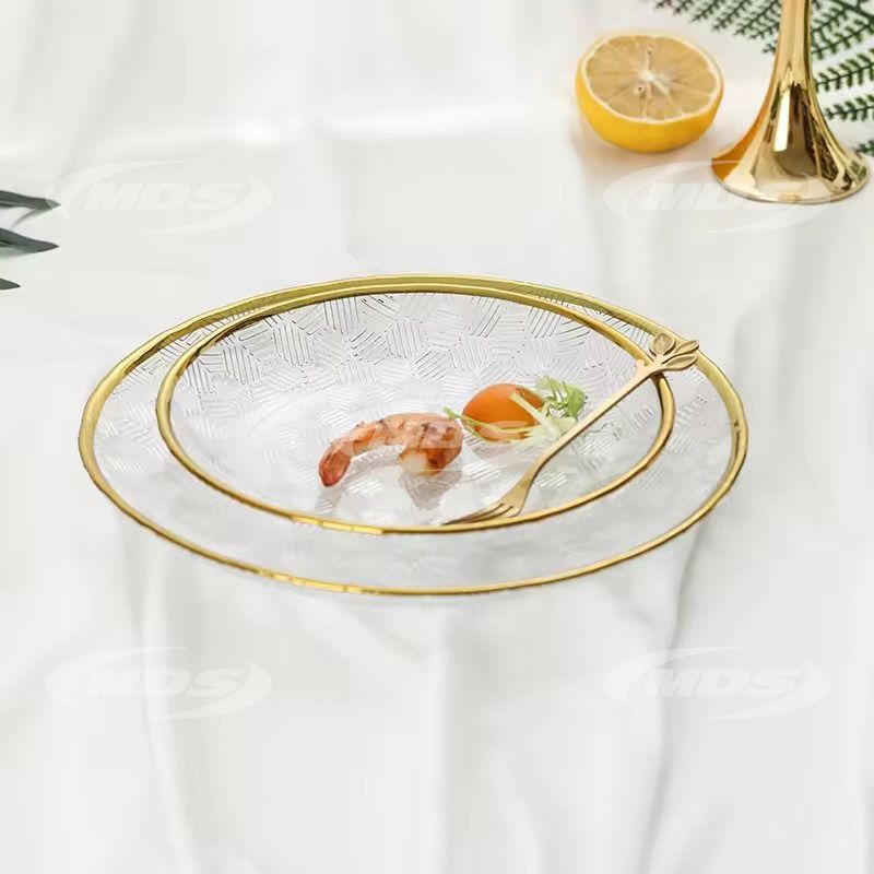 Wholesale Transparent Hammered Gold Rim Glass Plate for Wedding Home Decor