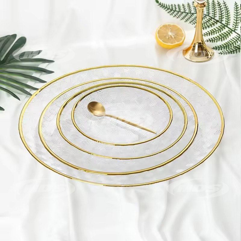 Wholesale Transparent Hammered Gold Rim Glass Plate for Wedding Home Decor