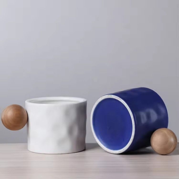 Wooden spherical handle artistic tea cup gift porcelain coffee couple cup mug gift set