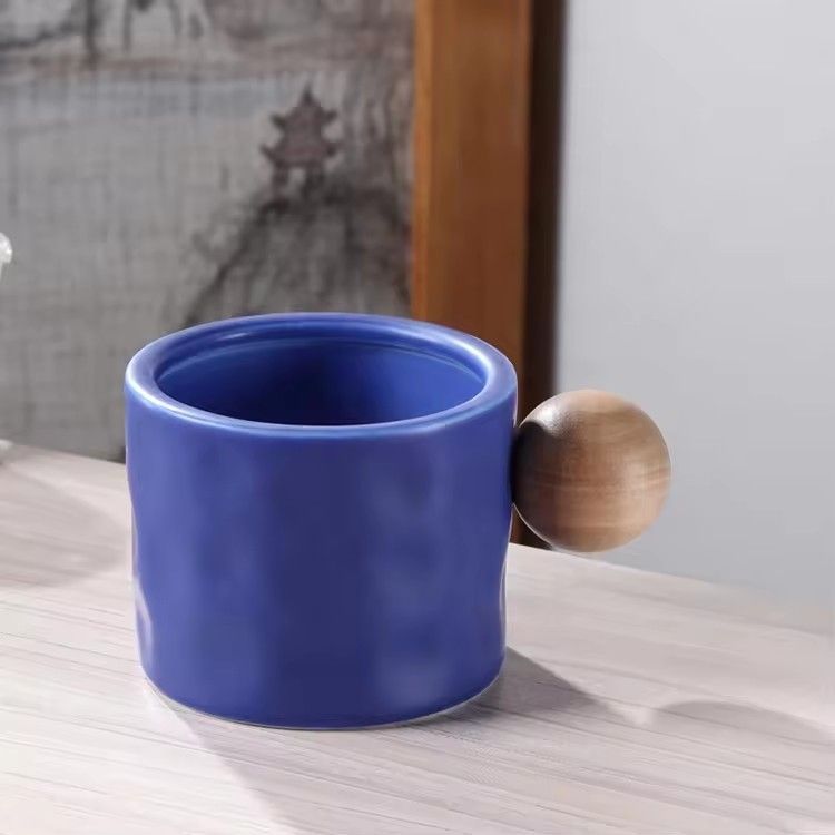 Wooden spherical handle artistic tea cup gift porcelain coffee couple cup mug gift set