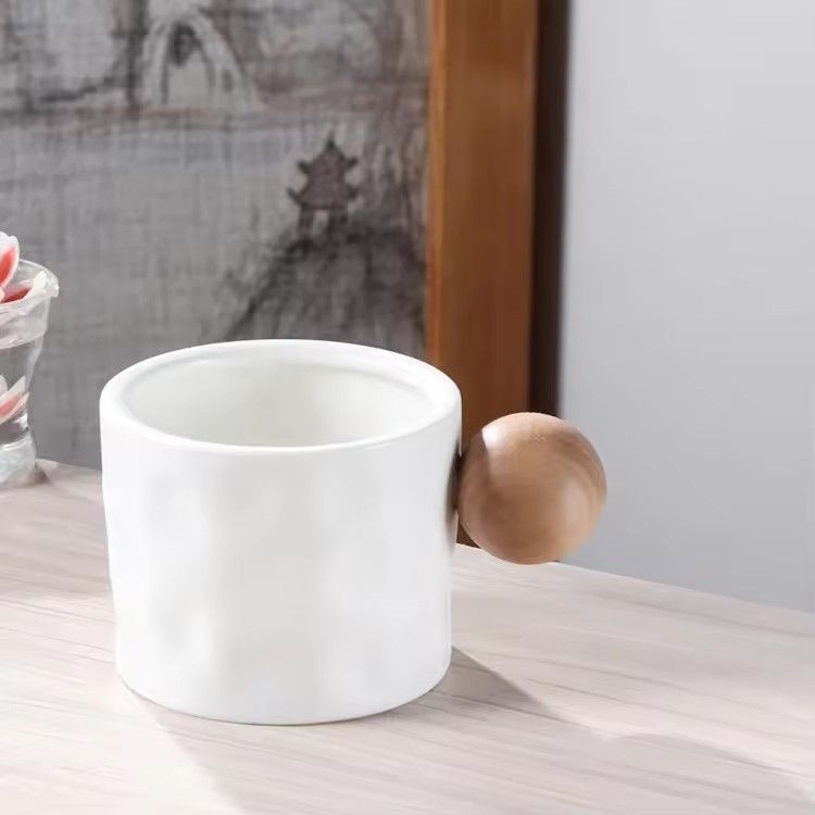 Wooden spherical handle artistic tea cup gift porcelain coffee couple cup mug gift set