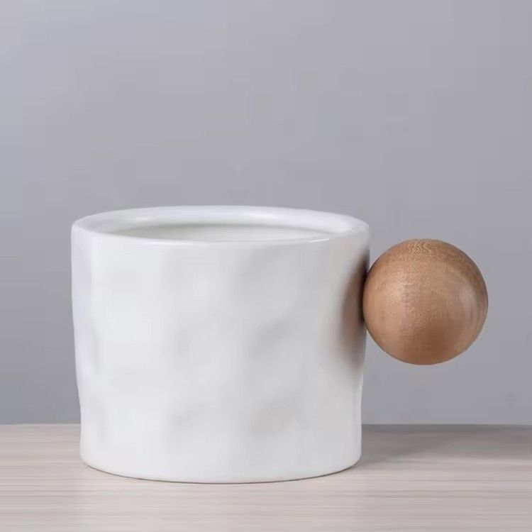 Wooden spherical handle artistic tea cup gift porcelain coffee couple cup mug gift set