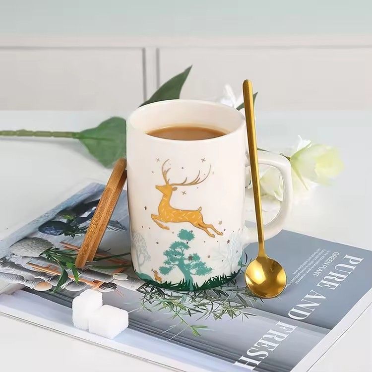 Custom printed deer ceramics coffee mugs wedding companion gift box ceramic mug set with lid and spoon