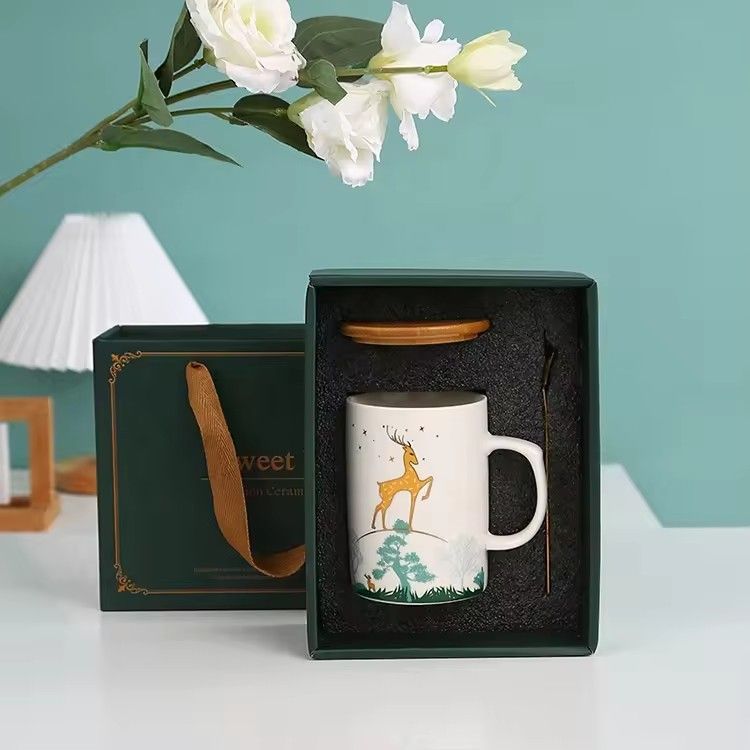 Custom printed deer ceramics coffee mugs wedding companion gift box ceramic mug set with lid and spoon