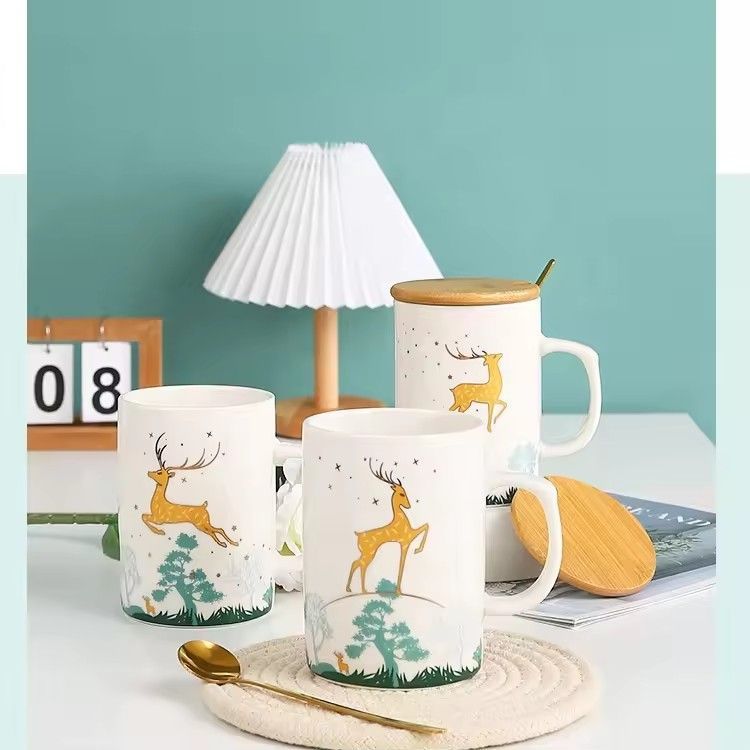 Custom printed deer ceramics coffee mugs wedding companion gift box ceramic mug set with lid and spoon