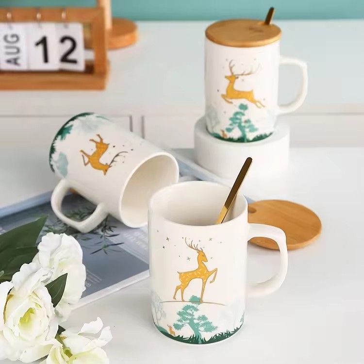 Custom printed deer ceramics coffee mugs wedding companion gift box ceramic mug set with lid and spoon