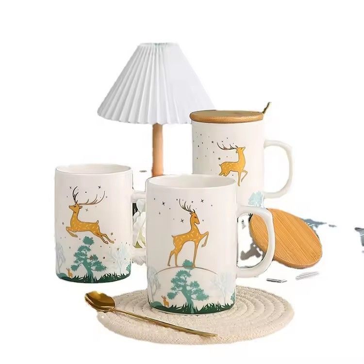 Custom printed deer ceramics coffee mugs wedding companion gift box ceramic mug set with lid and spoon