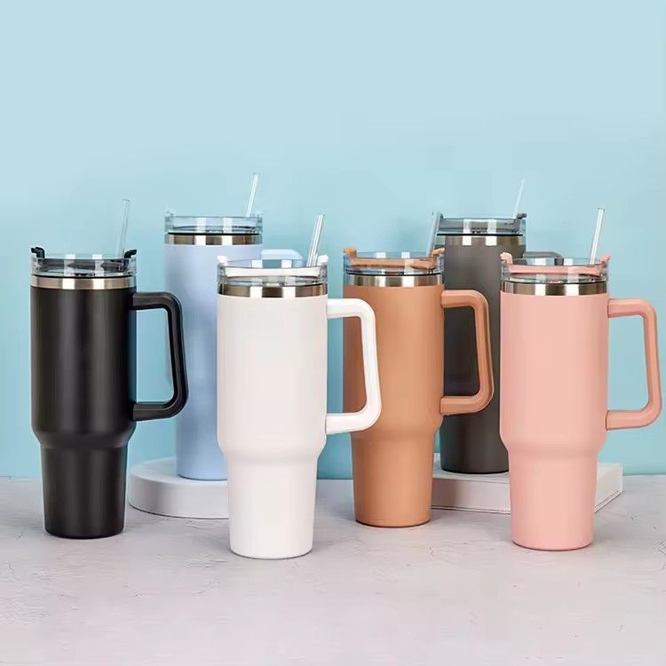 1200ml/40oz double wall water tumblers with handle and straw powder coated stainless steel vacuum insulated tumbler