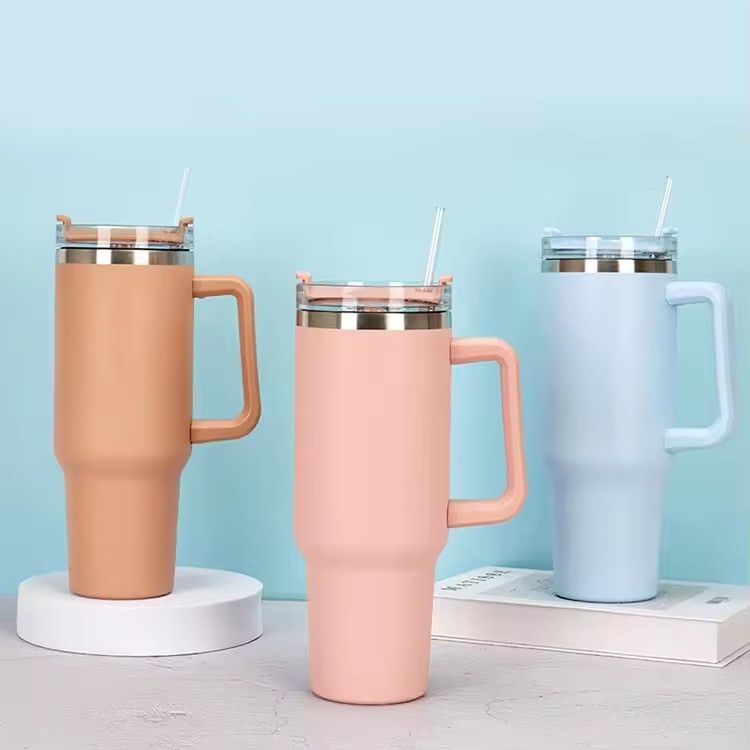 1200ml/40oz double wall water tumblers with handle and straw powder coated stainless steel vacuum insulated tumbler