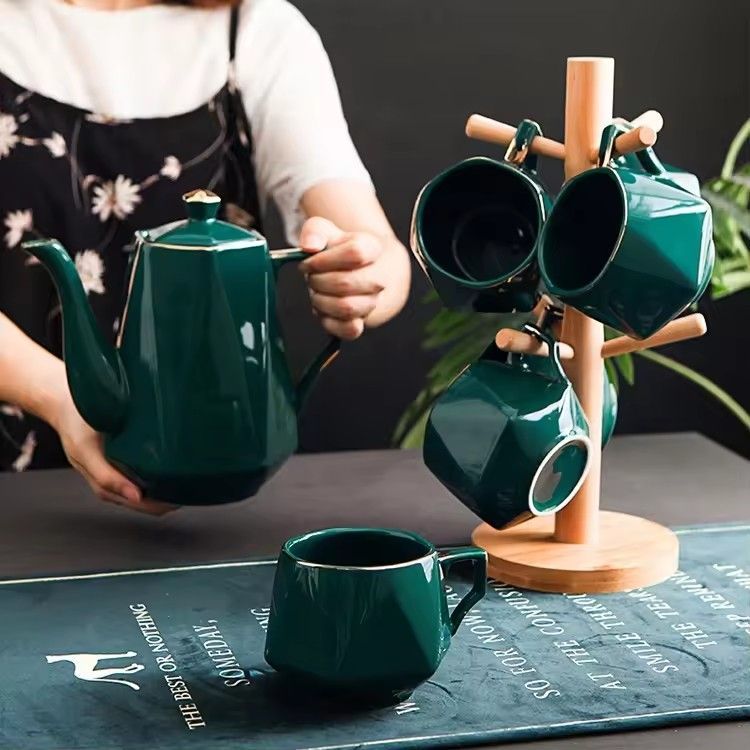 Luxury hand made 6 piece coffee mug gold rim ceramic canister jug peacock green vintage ceramic coffee tea set