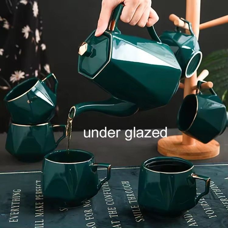 Luxury hand made 6 piece coffee mug gold rim ceramic canister jug peacock green vintage ceramic coffee tea set