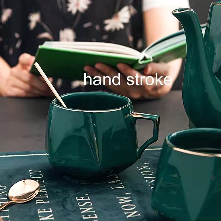 Luxury hand made 6 piece coffee mug gold rim ceramic canister jug peacock green vintage ceramic coffee tea set