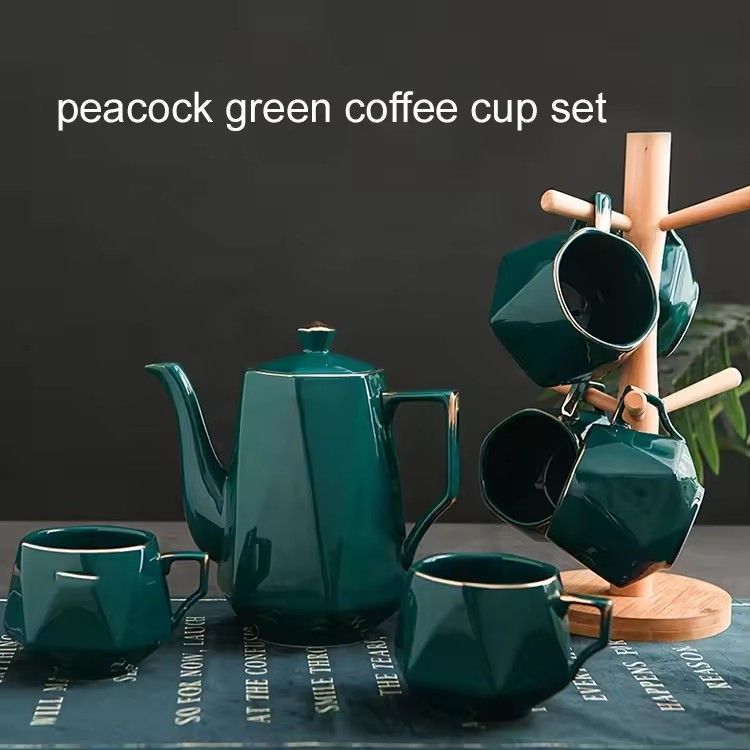 Luxury hand made 6 piece coffee mug gold rim ceramic canister jug peacock green vintage ceramic coffee tea set