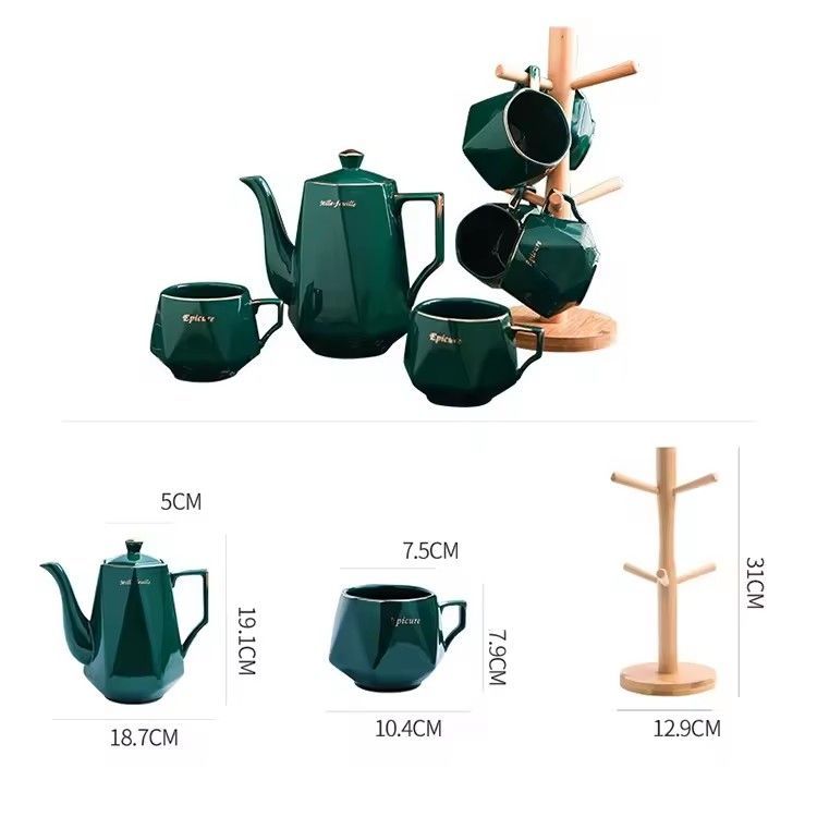 Luxury hand made 6 piece coffee mug gold rim ceramic canister jug peacock green vintage ceramic coffee tea set