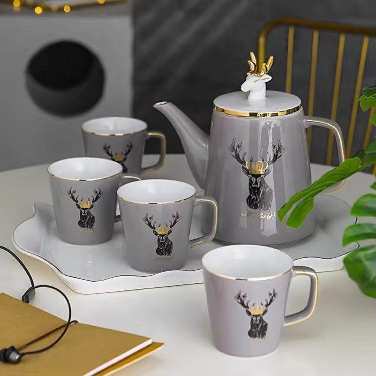 Drinking tea coffee mug set of 6 porcelain water jug set deer head lid ceramic pitcher with cup set