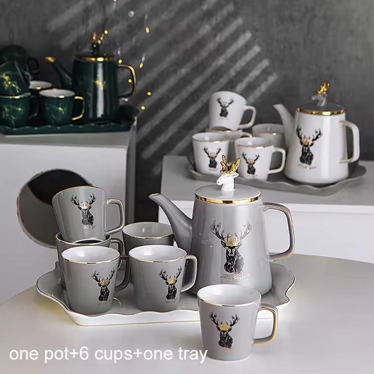 Drinking tea coffee mug set of 6 porcelain water jug set deer head lid ceramic pitcher with cup set