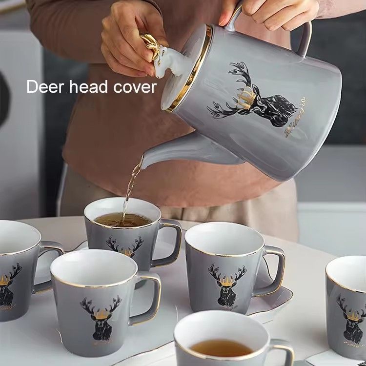 Drinking tea coffee mug set of 6 porcelain water jug set deer head lid ceramic pitcher with cup set