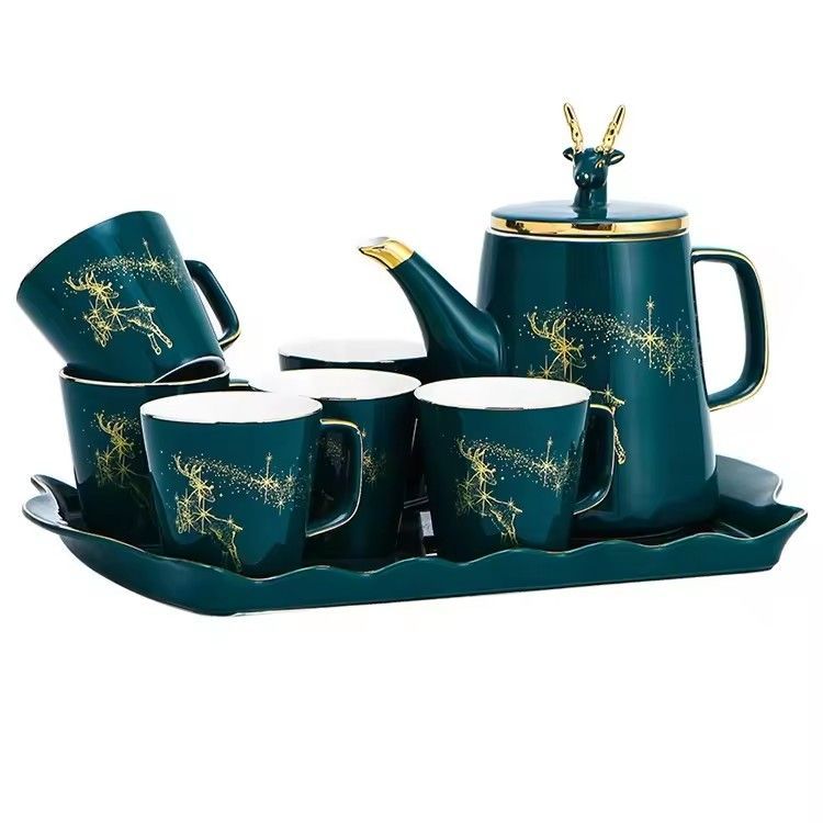 Drinking tea coffee mug set of 6 porcelain water jug set deer head lid ceramic pitcher with cup set