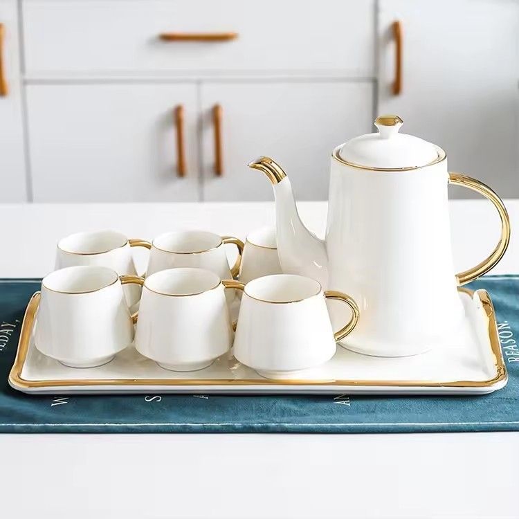 European tea coffee cup teapot with tray 8 pieces white black gold handle ceramic tea set