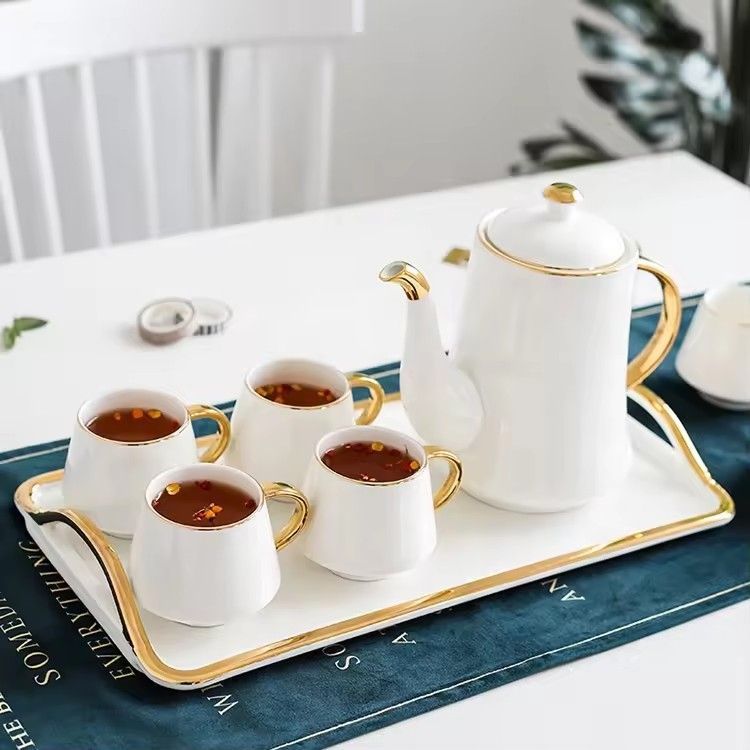 European tea coffee cup teapot with tray 8 pieces white black gold handle ceramic tea set