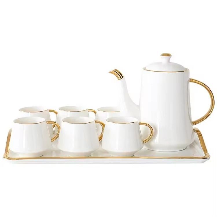 European tea coffee cup teapot with tray 8 pieces white black gold handle ceramic tea set