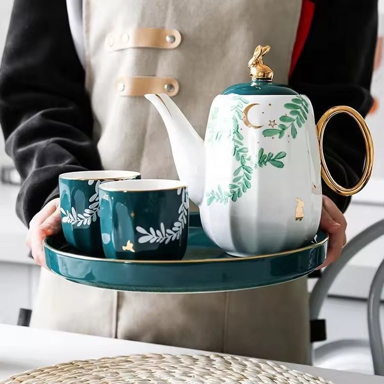 Teapot set 4pcs cups and ceramic tray with gold rim green english ceramic tea set with polyfoam box and gift box