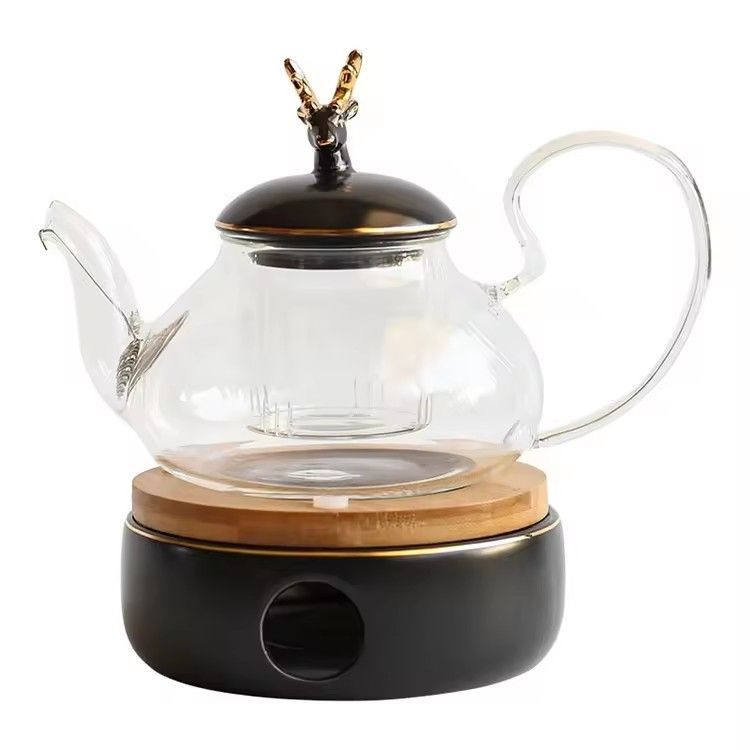 Modern black gift box luxury porcelain cup saucer heating base sets ceramic tea set with glass teapot