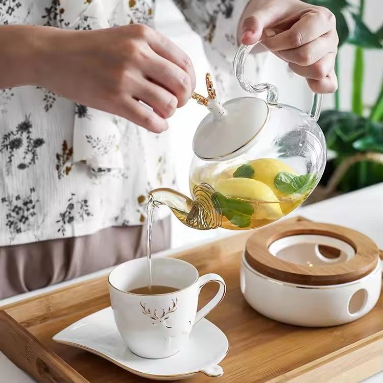 Rustic high white porcelain teacup coffee & tea sets with teapot warmer ceramic tea pot and cup set