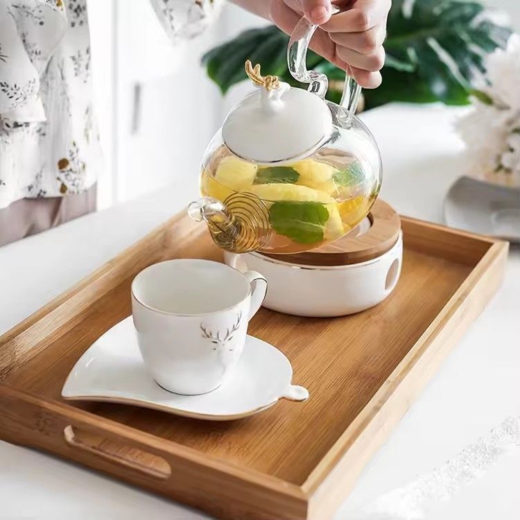 Rustic high white porcelain teacup coffee & tea sets with teapot warmer ceramic tea pot and cup set