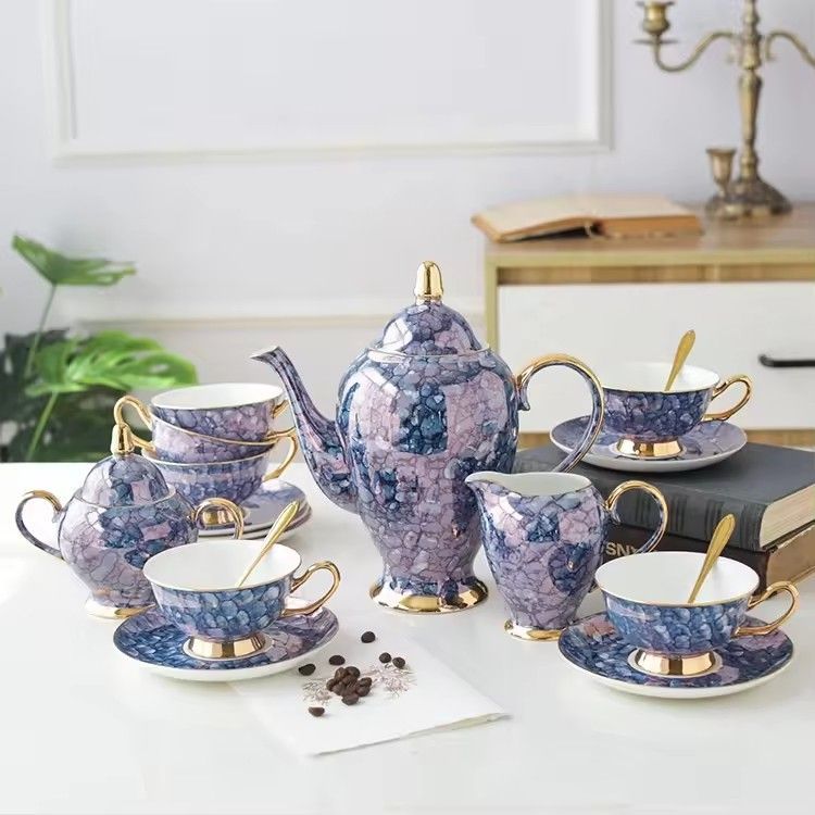 European bone china tea sets high-grade gemstone blue pink 15-pieces ceramic coffee cup set