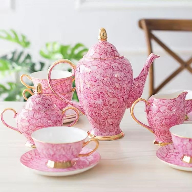 European bone china tea sets high-grade gemstone blue pink 15-pieces ceramic coffee cup set