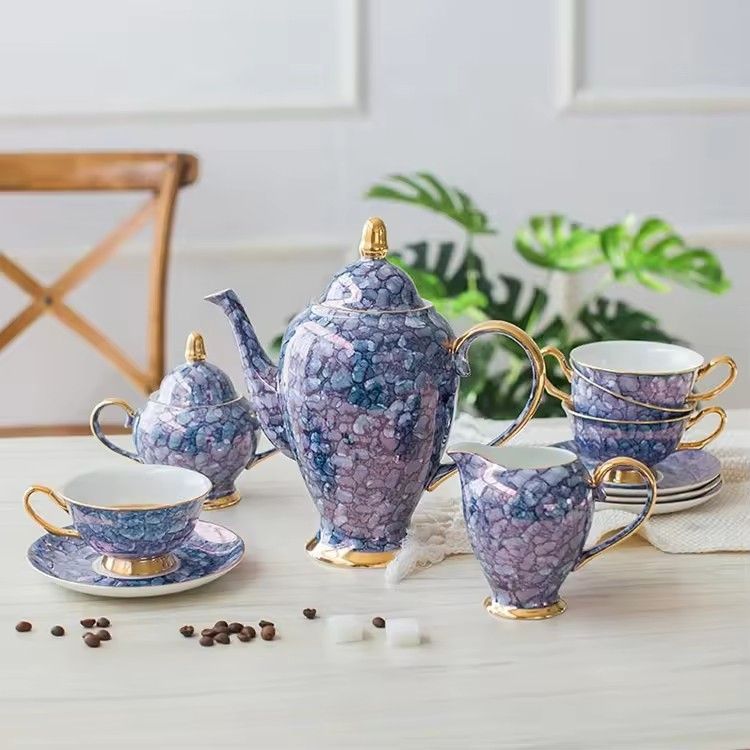 European bone china tea sets high-grade gemstone blue pink 15-pieces ceramic coffee cup set