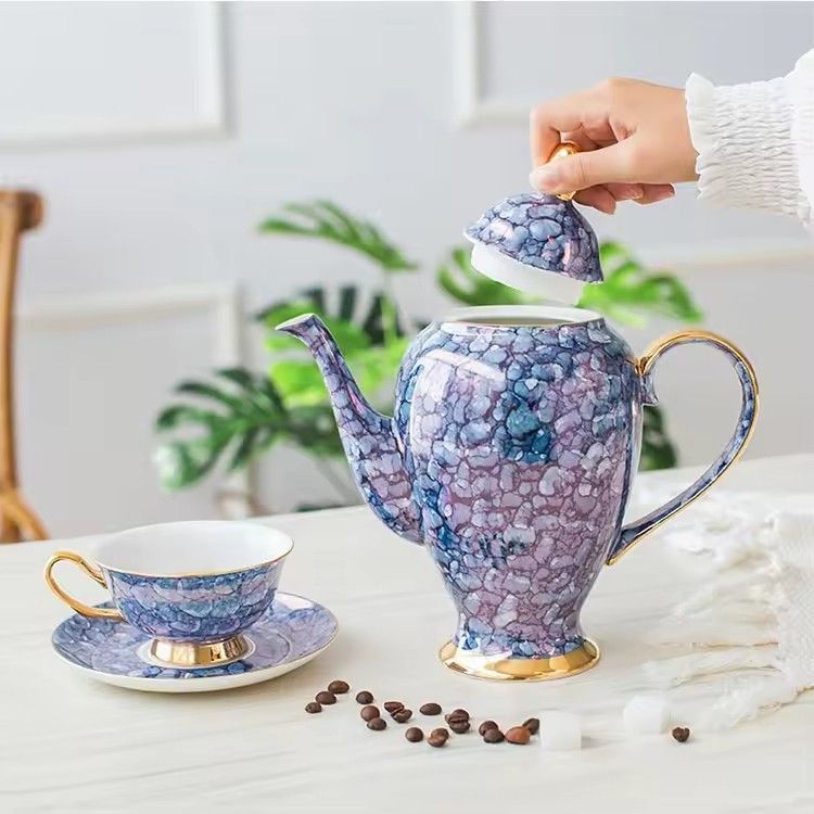 European bone china tea sets high-grade gemstone blue pink 15-pieces ceramic coffee cup set