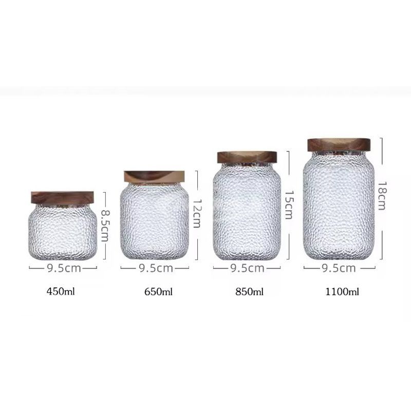 Glass Tea Sealed Storage Jar Hammer Pattern Portable Tea Caddy With wood Cover