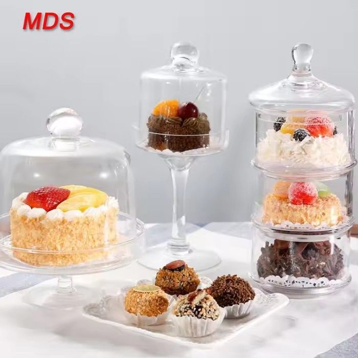 Glassware dome cupcake glass base cake stand with bird decoration