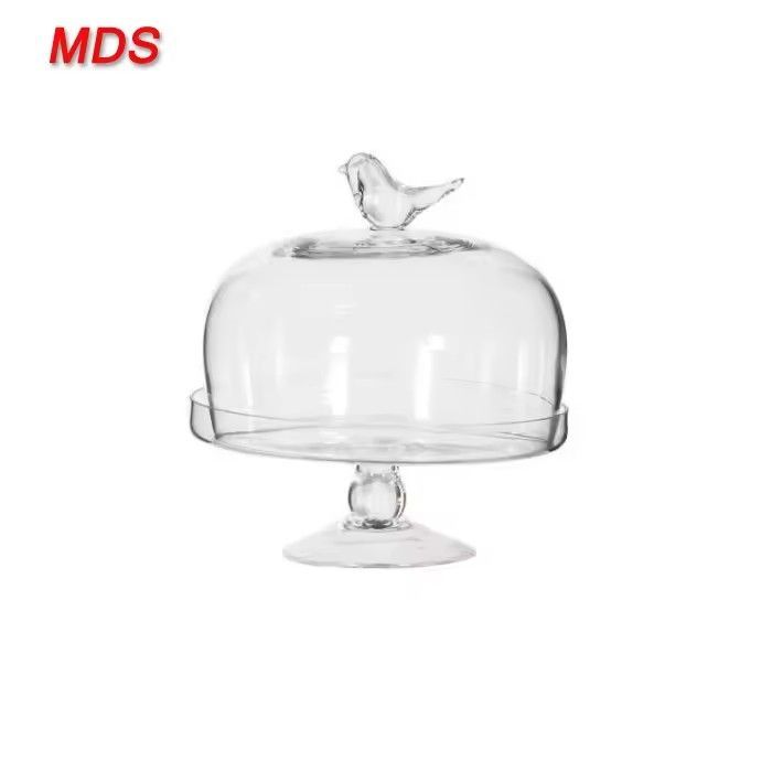 Glassware dome cupcake glass base cake stand with bird decoration