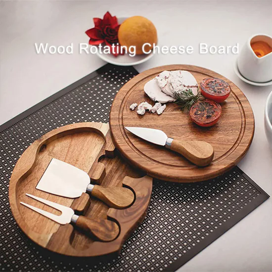 Custom Round Acacia Cheese Board and Knife Set Rotating Wood Charcuterie Platter Board